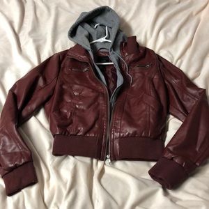 Maroon Pleather Hooded Jacket